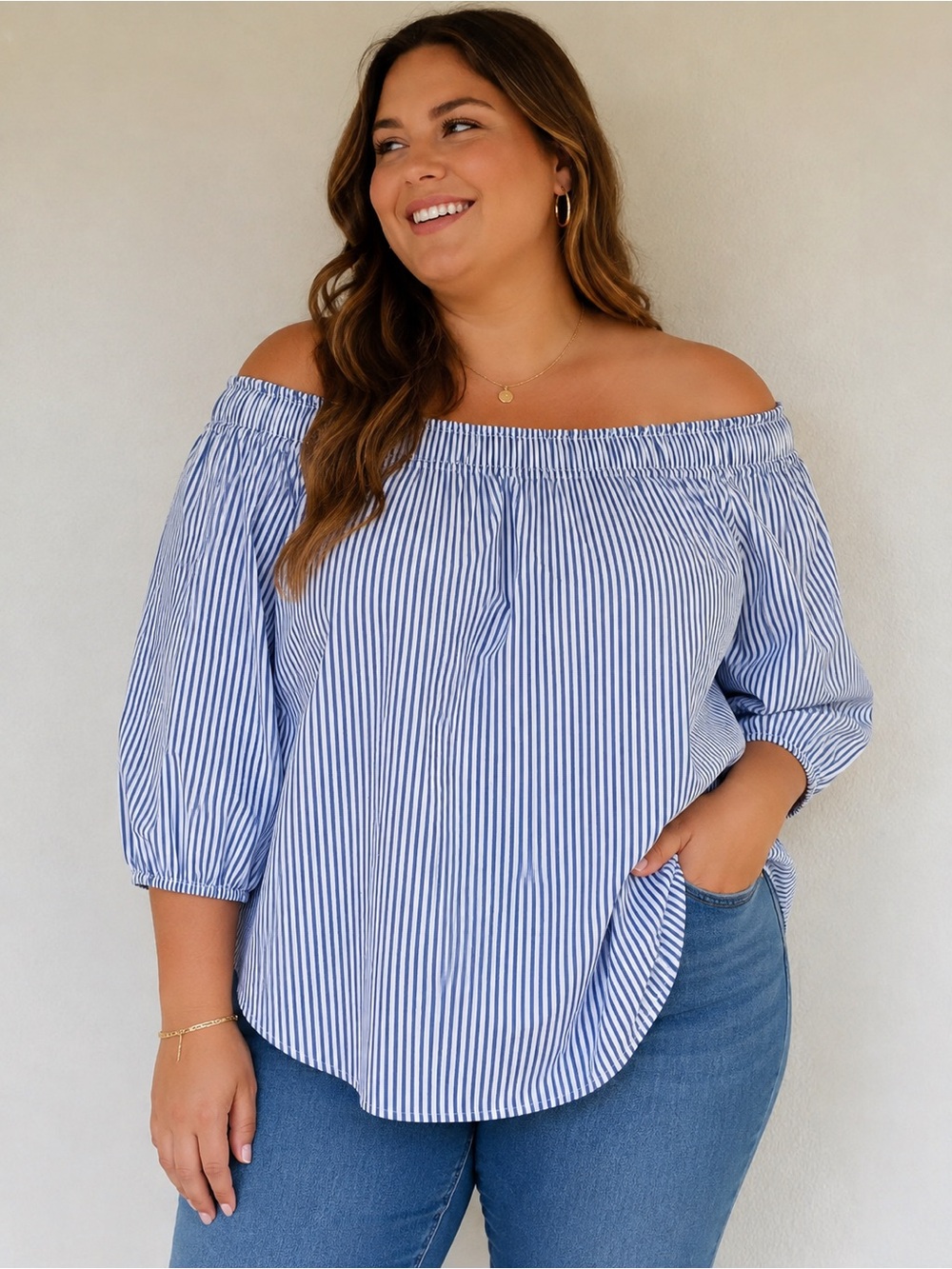 Gap XXL Blue White Striped Off Shoulder Coastal Preppy Cotton Blouse 3/4 Sleeve